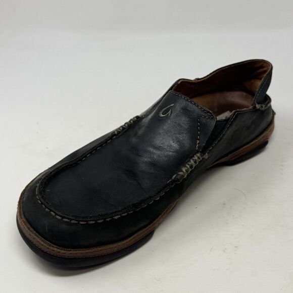 OluKai Moloa Shoes Mens 8 Black Leather Slip On Moc Toe Casual Loafers - Picture 8 of 16